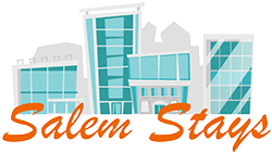 Salem Stays in orange cursive with teal and gray building illustrations in the background